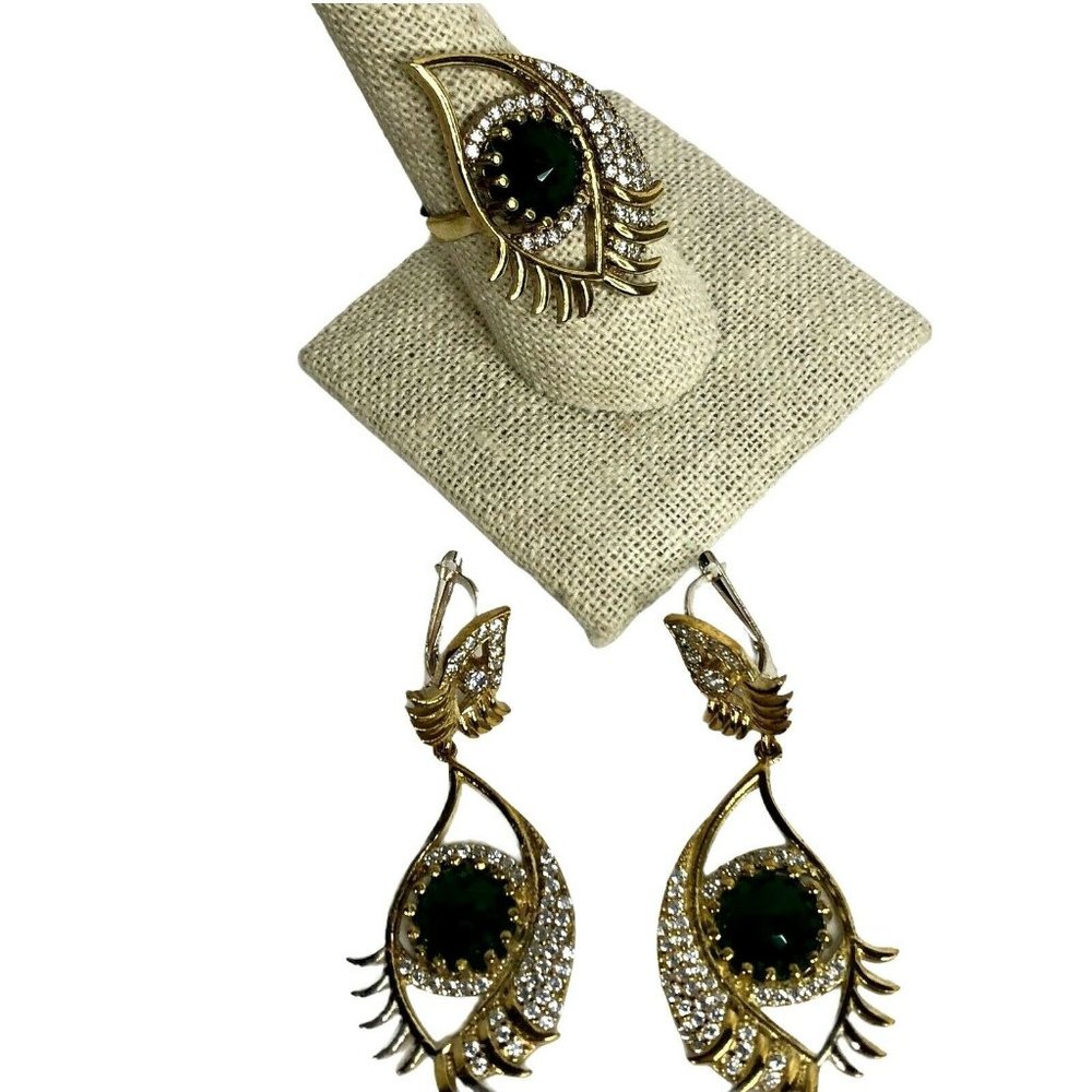 Turkish Handmade Hamsa 925 Silver Green CZ Stone Womens Earring And Ring Set New